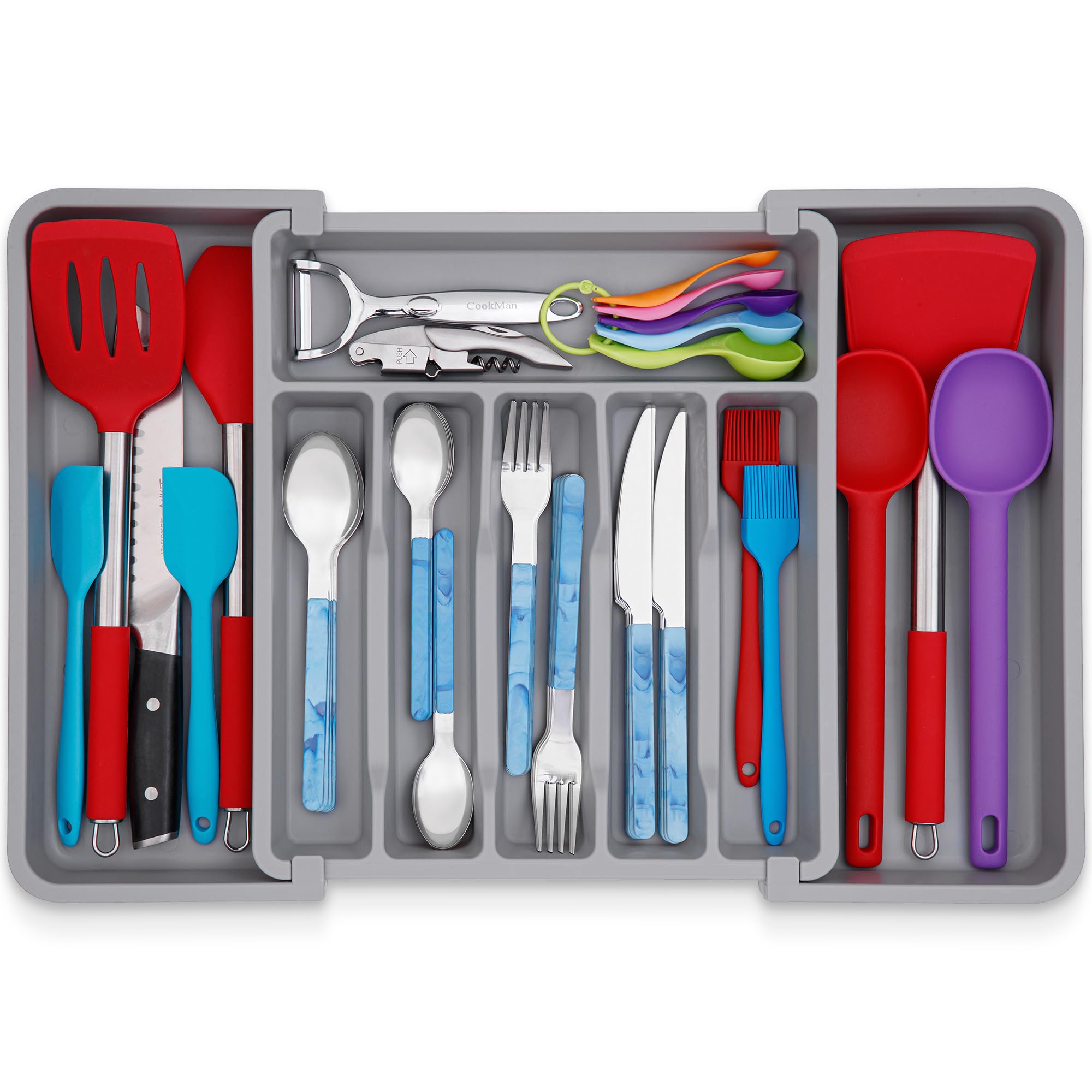 Golden Nature Kitchen Drawer Organizer for Silverware, Utensils, Cutlery (15x13.1 inch Expands to 15x22.2 inch, Gray), Expandable Flatware Holder for Drawers