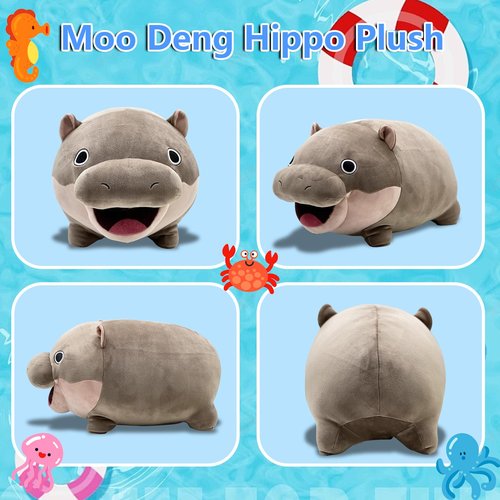 Acgtrick Cute Moo Deng Plush Soft Deng Pygmy Hippo Plushie Toy Stuffed Animal Pillow Christmas Birthday Gift for Boys Girls Kids Adults 9 inch