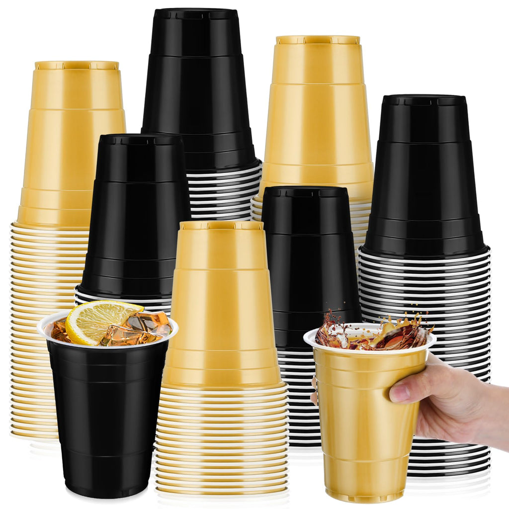 Sunnychicc 100 Pcs 16 oz Plastic Cups Disposable Party Cups Coffee Cup Heavy Duty Drinking Cup for Valentine Galentine Wedding Birthday Holiday Picnic New Year Party Beer Serving (Black,Gold)