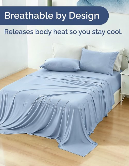Cooling Sheets Set - Queen Size 4-Piece Bedding for Hot Sleepers | Soft, Breathable, Lightweight - Sky Blue