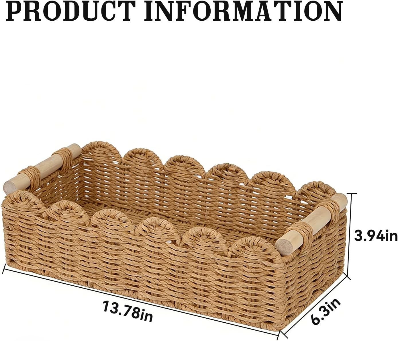 Upgraded Paper Rope Toilet Paper Storage Basket - Scalloped Edge Design | Small Neutral Decor with 2 Wooden Handles