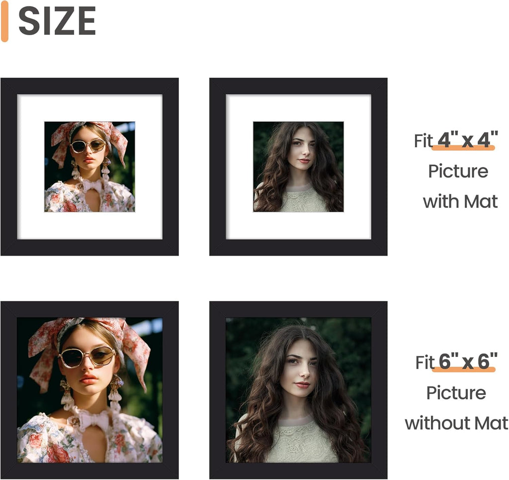 Upsimples 6x6 Picture Frame - Display 4x4 Photos with Mat or 6x6 Without | Black Wall Hanging Frame, 1 Pack