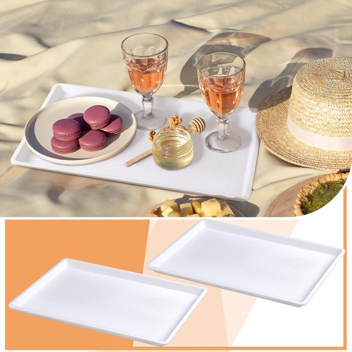Tiangrid 2 Pcs 18 x 26 Inch Large White Plastic Tray Rectangular Plastic Serving Trays Decorative Party Platters Large Fast Food Platters for Kitchen Restaurant Buffet