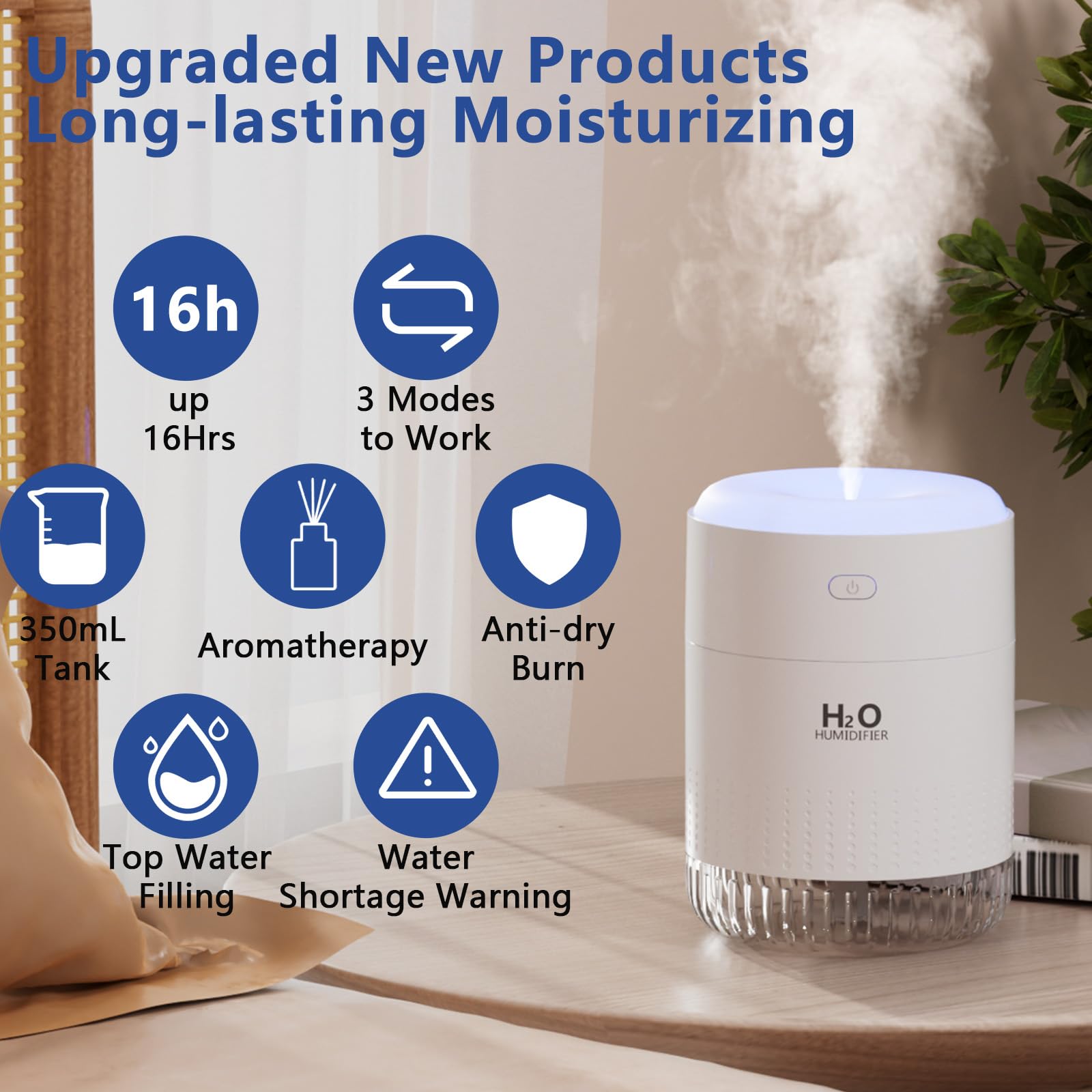 SZO Portable Mini Humidifier, 500ML USB Personal Cool Mist Humidifiers for Bedroom Office Travel Desk, Whisper Quiet 20dB with 2 Mist Modes & Auto Shut-Off, Small Desktop Humidifier（WSQ02 white）
