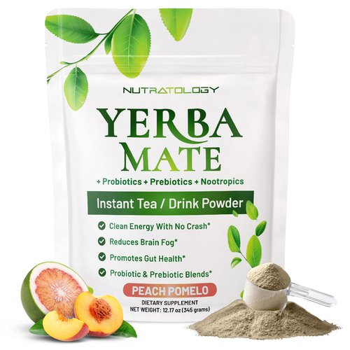 Yerba Mate Instant Tea Powder - 3-In-1 Super Drink - Clean Energy - Formulated With Nootropics To Boost Focus & Clarity - With Prebiotics & Probiotics To Boost Gut Health | Peach Pomelo - 30 Servings