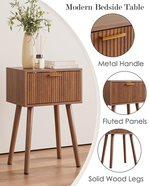 ASACESCU Night Stand Set 2, Walnut Nightstand with Fluted Doors, Small Modern Mid-Century Bedside Table for Bedroom, End Table for Living Room