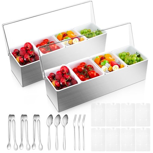 Mifoci 2 Pack Stainless Steel Chilled Condiment Server 4 Removable Slot Toppings Containers with Lid and Bottom Ice Bar Garnish Tray with 9 Silverwares 8 Ice Boxes for Christmas Party, Events and Bar