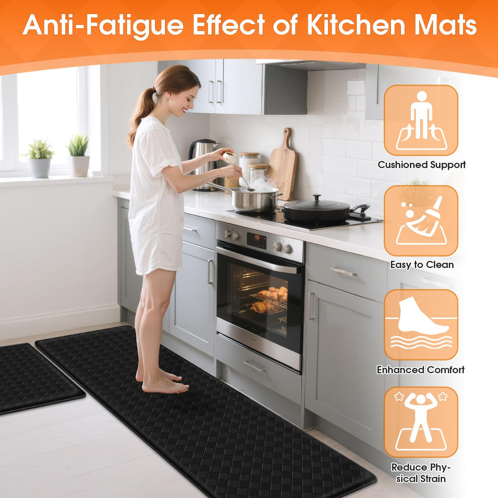 TranquilRelax Kitchen Mats, 2PCS Kitchen Rugs, Cushioned Anti Fatigue Kitchen Mats for Floor, Non-Slip Standing Desk Mat, Waterproof Kitchen Rug Set for Kitchen Floor Office,17.3"×30"+17.3"×59" Black