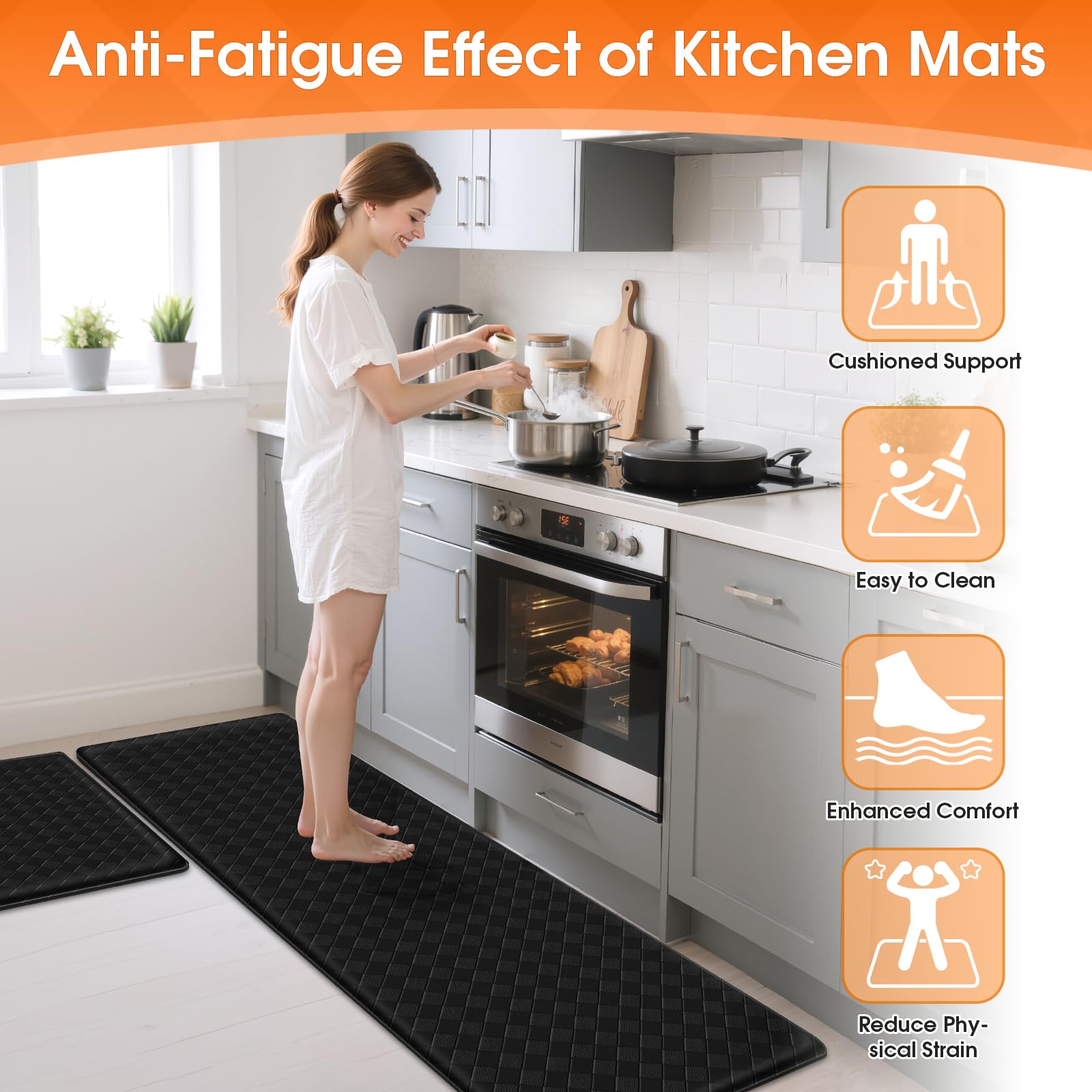 TranquilRelax Kitchen Mats, 2PCS Kitchen Rugs, Cushioned Anti Fatigue Kitchen Mats for Floor, Non-Slip Standing Desk Mat, Waterproof Kitchen Rug Set for Kitchen Floor Office,17.3"×30"+17.3"×59" Black