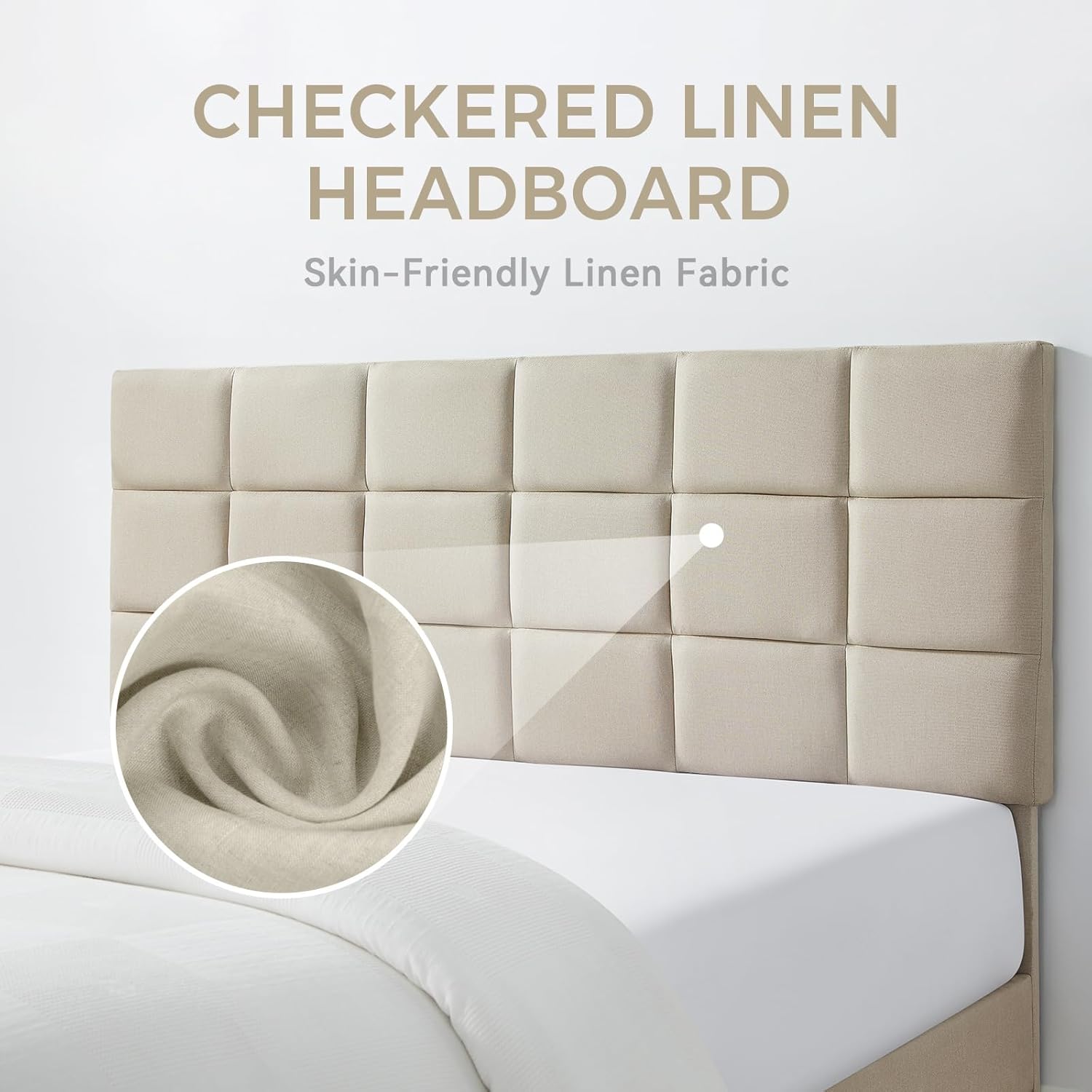 Susalt Queen Size Bed Frame - Upholstered Linen Headboard, Wooden Slats, Easy Assembly, 1000LBS Capacity | Beige