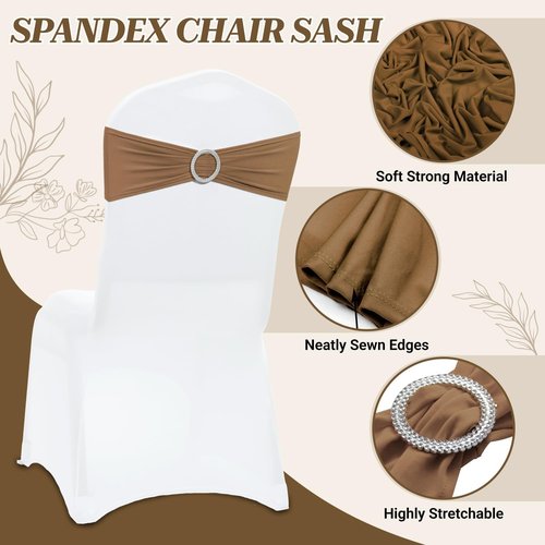 MDS Premium Stretch Chair Sashes - Pack of 25 Elastic Covers with Buckle Slider | Mocha for Weddings & Events