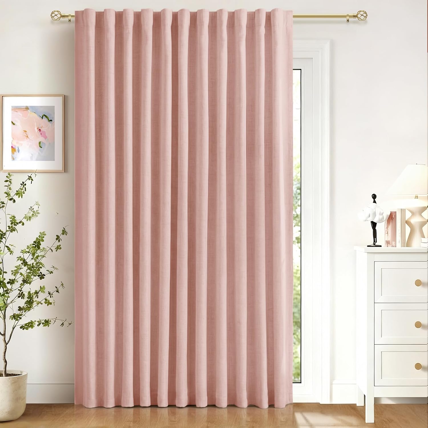 Skiennix 100% Blackout Linen Curtains - Thermal Insulated Drapes for Bedroom | 84" Long, Blush Pink