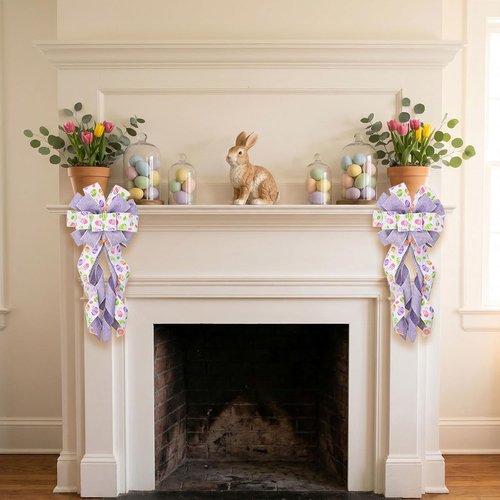 Estivaux Large Easter Wreath Bow - Purple & White Burlap Spring Floral Decor for Doors & Windows