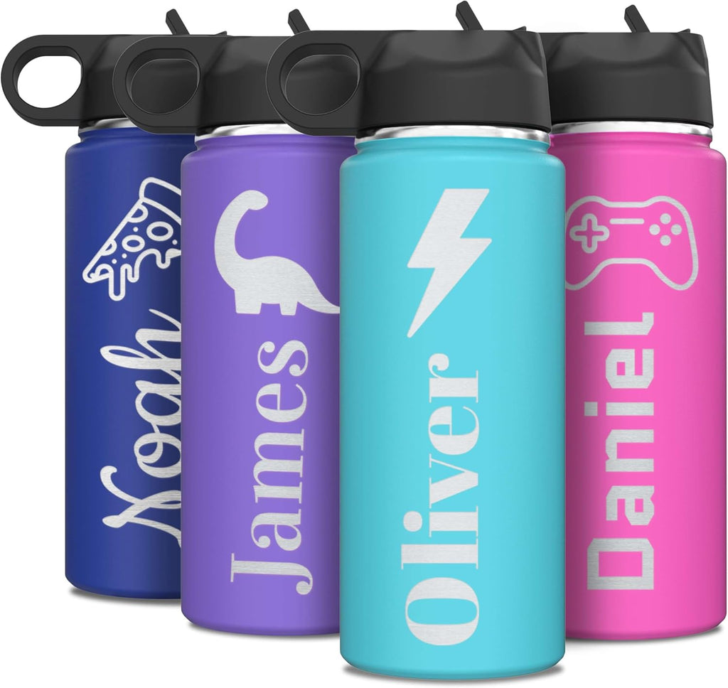 Skiennix Personalized Boys Water Bottle - Insulated Stainless Steel with Flip Top Lid & Straw - 18 oz.