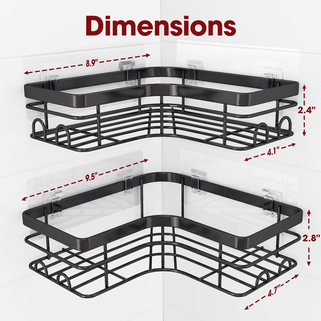 Sakugi Corner Shower Caddy - Rustproof Stainless Steel Organizers with 8 Hooks | No Drilling, Space-Saving, Black, 2 Pack