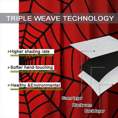 Hero Spider Web Window Curtains for Kids, Black Spiderweb Kids Red Curtains Blackout Rod Pocket Windows Treatments for Boy Girl Baby Nursery Toddler Children Bedroom 42x45in