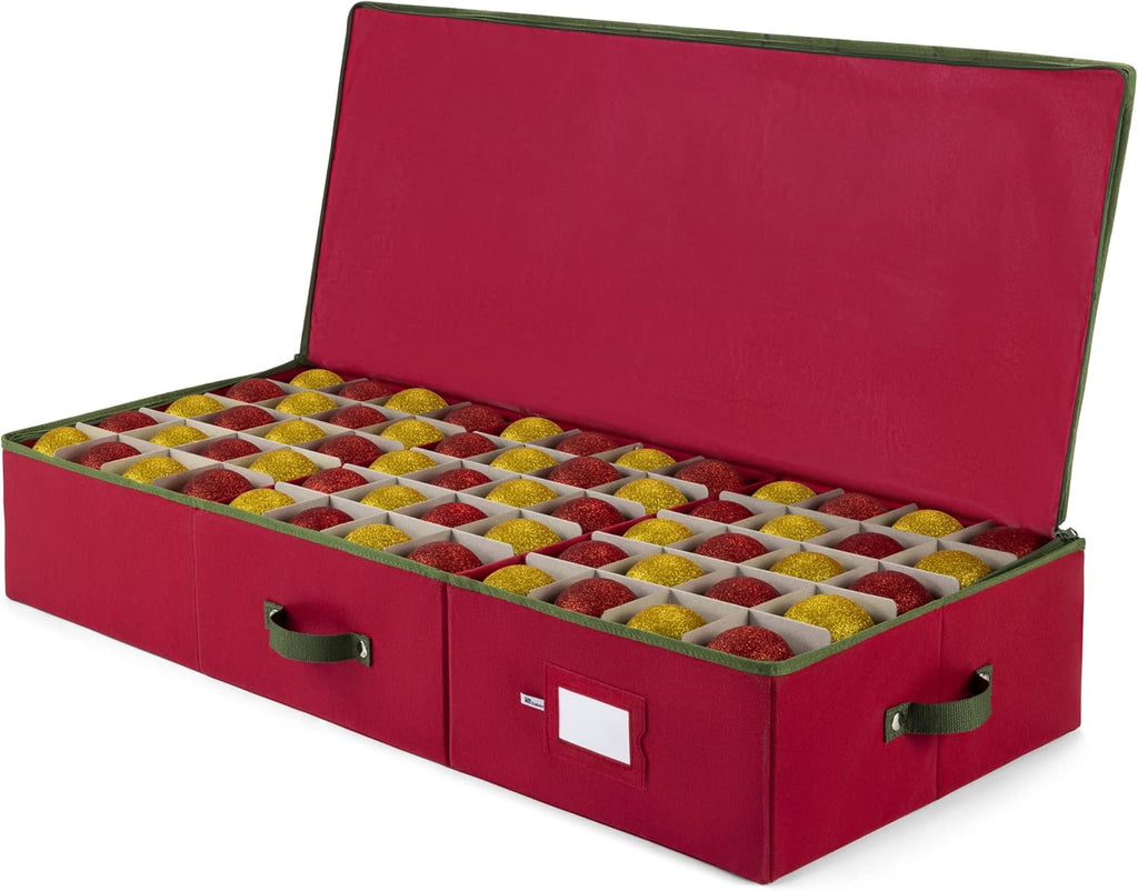 ZOBER Christmas Ornament Storage Box - Holds 120 3" Ornaments with Dividers - Durable Tear-Proof 600D Oxford Fabric - Red
