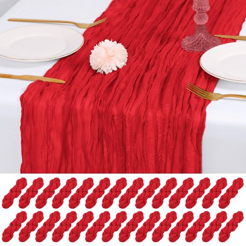 RealBox 28 Pack Red Cheesecloth Table Runner 17x108 Inch Semi Sheer Boho Gauze Cheese Cloth Fabric Table Runners, for Wedding Party Baby Shower Birthday Home Decor Garden Farmhouse