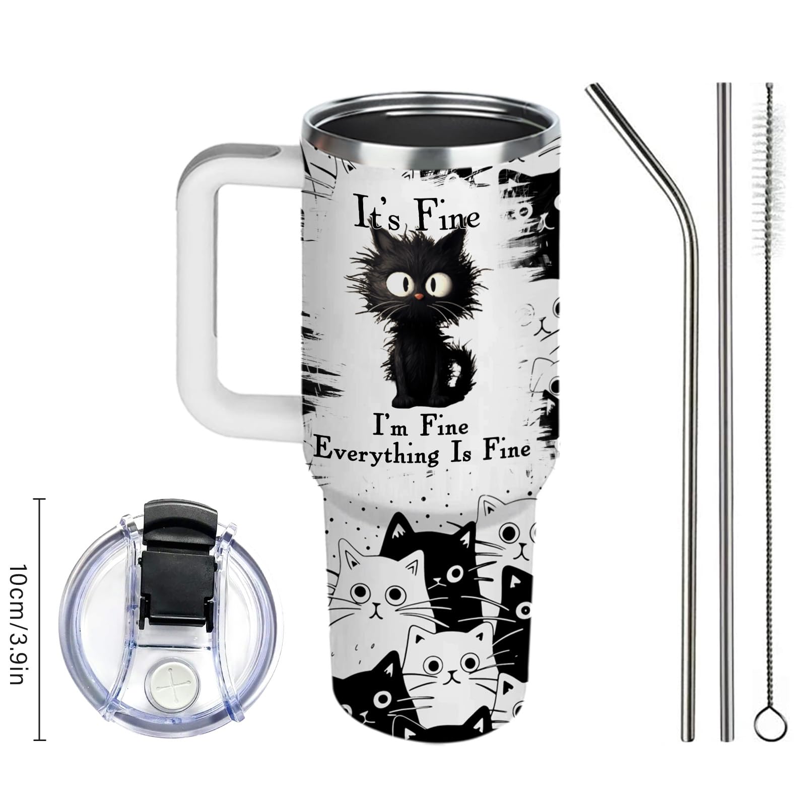 CGMIBAS Cat Lover Gifts, Gift for Cats Lovers Women Men Girls Funny 30oz Black Cats Themed Tumbler Cups with Handle - Everything Is Fine Mug, Christmas Birthday Gift for Black Cat Mom Lady Gifts Cup