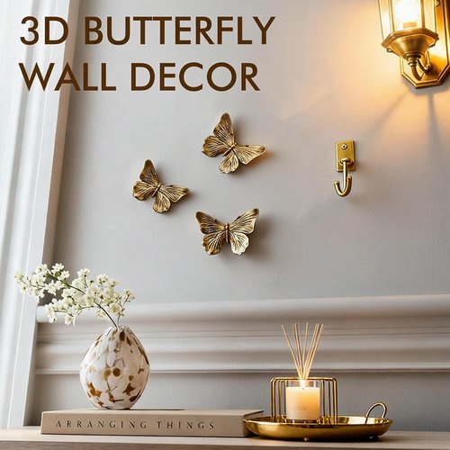 GUSFREUD 3D Butterfly Wall Decor Set - Antique Copper Resin Decorations for Living Room & Bedroom | Set of 3