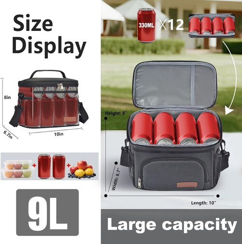 ExtraCharm Insulated Lunch Bag - Leakproof Cooler Tote for Office, Picnic, Hiking | Adjustable Strap - Black