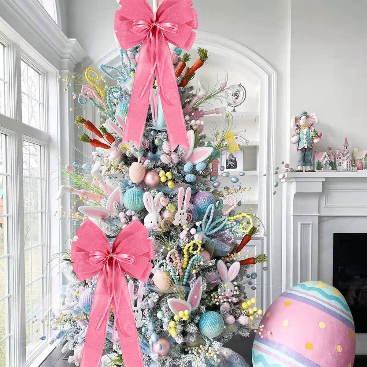 Skiennix Large Pink Easter Wreath Bows - Spring Tree Topper Decor with Burlap & Glitter | 2 Pcs