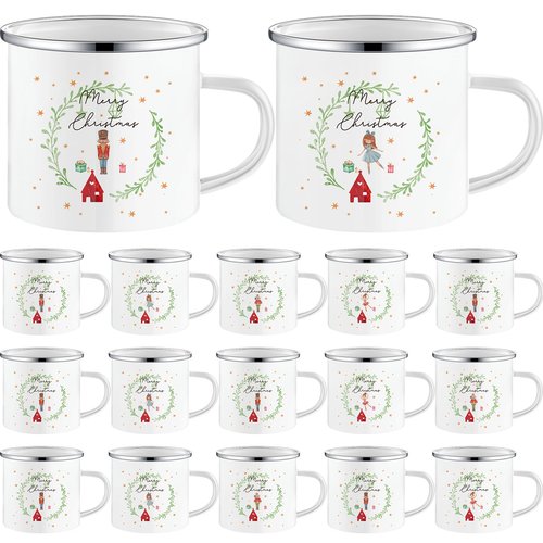 Mifoci 16 Pcs Christmas Enamel Coffee Mugs with Silver Rim - 12oz Xmas Hot Chocolate Mugs for Winter Gifts