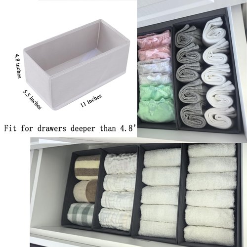 Bructhun Sock Drawer Organizer 3 Pack - Collapsible Fabric Storage Bins for Underwear Divider, Small Closet Organizers with 3 Compartments, Raw White