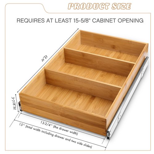 Fabsome Pull Out Cabinet Drawer Organizer, Sliding Bamboo Wood Storage Rack Organization, Gliding Cupboard Shelf for Kitchen, Pantry, Slide Out Spice Rack Container Lid Organizer, 15''W x 21''D