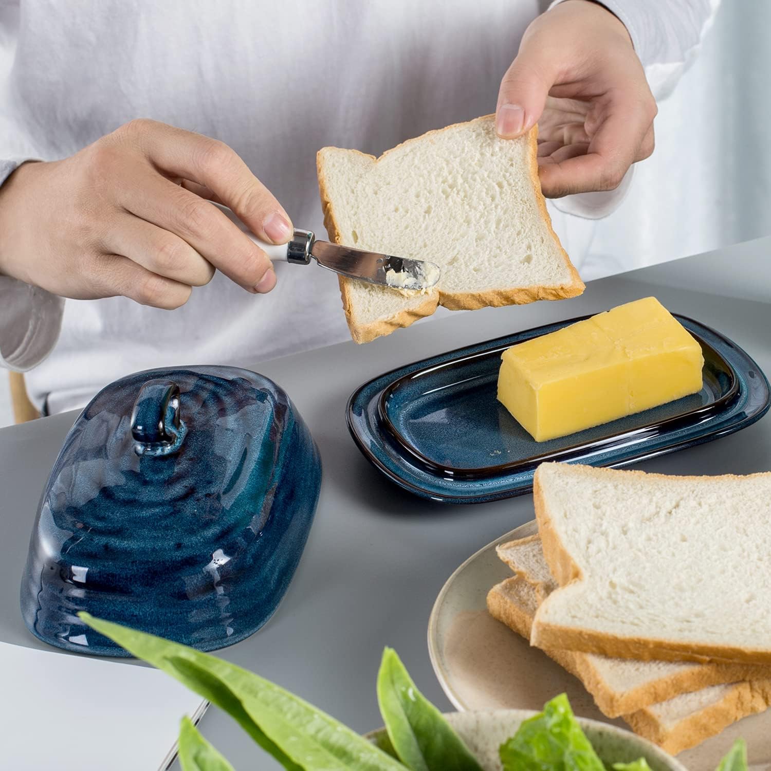 Tikooere Butter Dish with Lid, Ceramic Butter Keeper Holder with Cover and Handle for Countertop, Porcelain Butter Container for East West Coast Butter, Butter Tray for Kitchen Gift, Blue