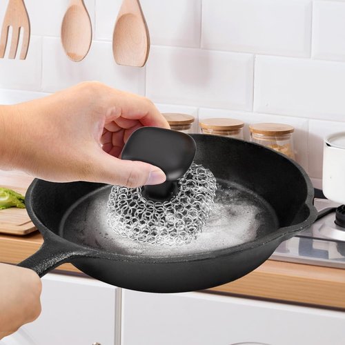 Cast Iron Scrubber - 316 Chainmail Cleaner for Pans & Skillets | Dishwasher Safe, Black