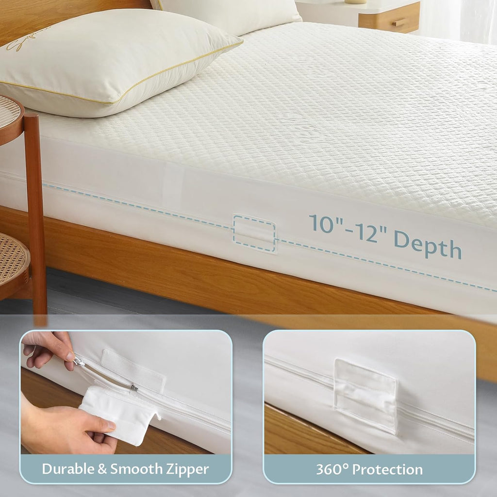 Queen Size Mattress Protector - 100% Waterproof Zippered Cover | Soft, Cooling & Noiseless Encasement for 10-12" Deep Mattresses