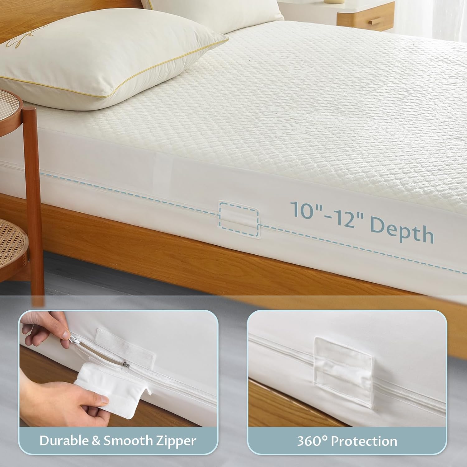 Queen Size Mattress Protector - 100% Waterproof Zippered Cover | Soft, Cooling & Noiseless Encasement for 10-12" Deep Mattresses