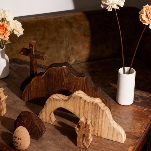 BrightRow Empty Tomb Easter Scene and Christian Cross Decorations Wooden He is Risen Easter Egg Jesus Resurrection Scene Tomb Tabletop for Religious Christian Home Office Indoor Decor