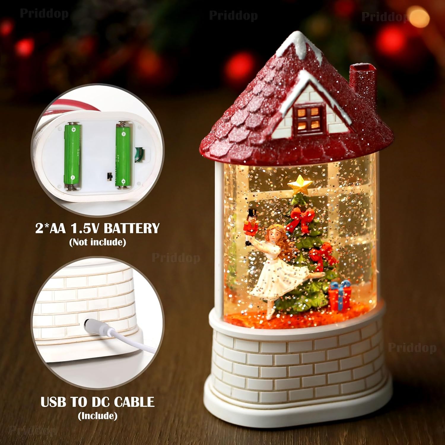 Priddop Nutcracker Snow Globe - Musical Ballerina Christmas Decoration with Glitter | USB/Battery Powered