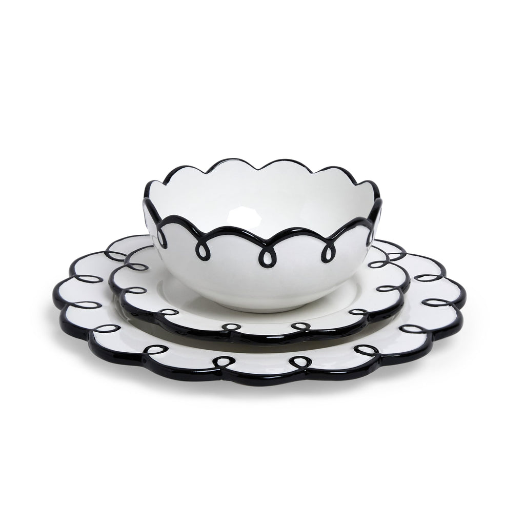 Sango 12-Piece Earthenware Dinnerware Set for 4, Glossy White Plates and Bowls Sets with Black Scalloped Rims, Premium Dish Set, Dishes for Hosting Parties, Birthday & Wedding Gifts, Splash of Cheers