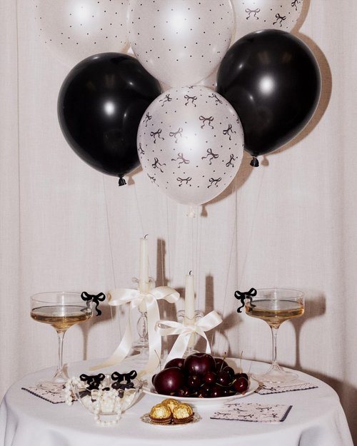 xo, Fetti Black + White Bow Latex Balloons - 24 pk, 12" | Bachelorette Decorations, Alternative Birthday Party, RIP to My 20s Decor, Cute Emo Girl Supplies