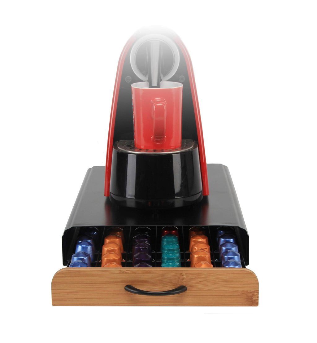 Flagship Coffee Pod Holder for Nespresso Originalline Capsule Holder Drawer Pod Storage Drawer 60 Capacity, Black Metal & Bamboo Coffee Drawer