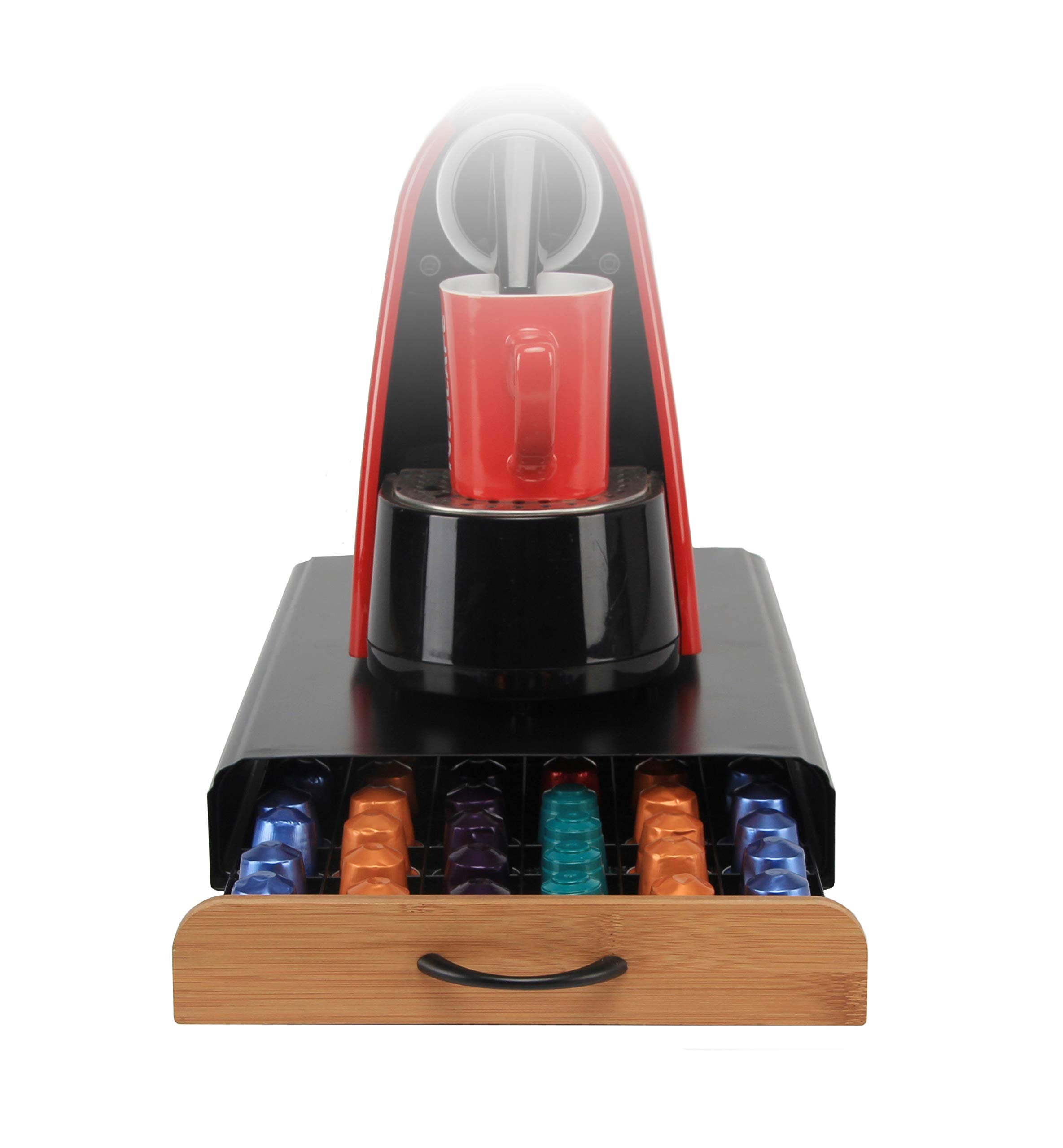 Flagship Coffee Pod Holder for Nespresso Originalline Capsule Holder Drawer Pod Storage Drawer 60 Capacity, Black Metal & Bamboo Coffee Drawer
