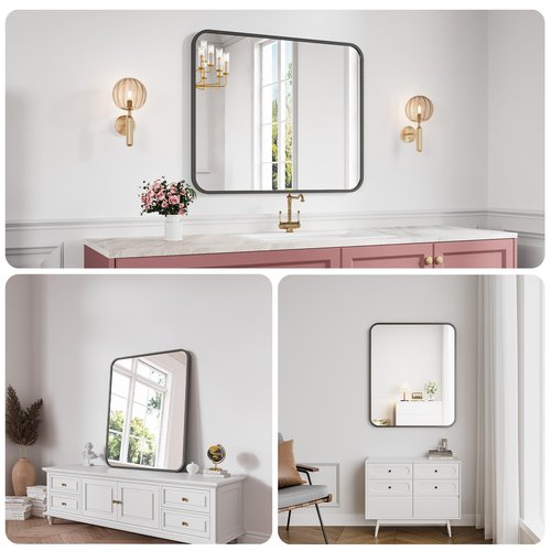 Koonmi Bathroom Mirror, 30X36 Inch Black Metal Framed Mirror for Bathroom, Tempered Glass, Anti-Rust, Rounded Rectangle Mirror for Restroom, Bedroom, Black