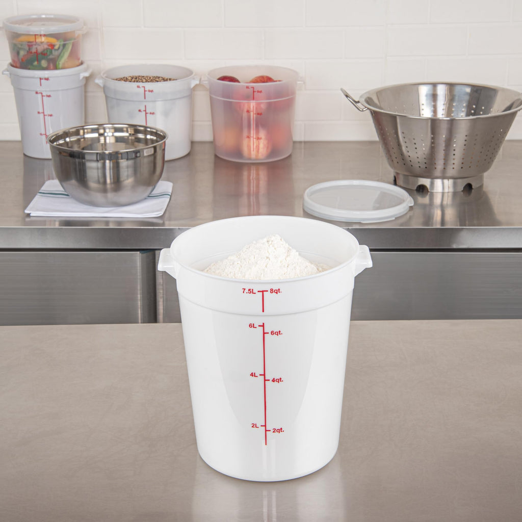 Restaurantware-Met Lux 8 Quart Food Storage Containers, 10 White Storage Containers - Lids Sold Separately, Red Volume Markers, Dishwashable Containers, Side Handles, For Storing Foods