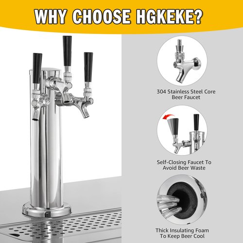 Hgkeke 3 Tap Beer Tower Stainless Core Beer Faucet Kegerator Tower Draft Beer Tap Tower Dispenser Pre-Installed Kegerator Tap Tower Kit with Self-Closing Spring Keg Tap Beer Brewing Kit