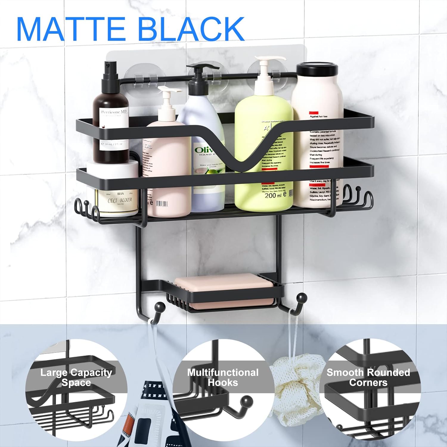Regine Switzerland Shower Caddy 3 Pack - Rustproof No Drill Organizer with Soap Dish & Hooks | Black