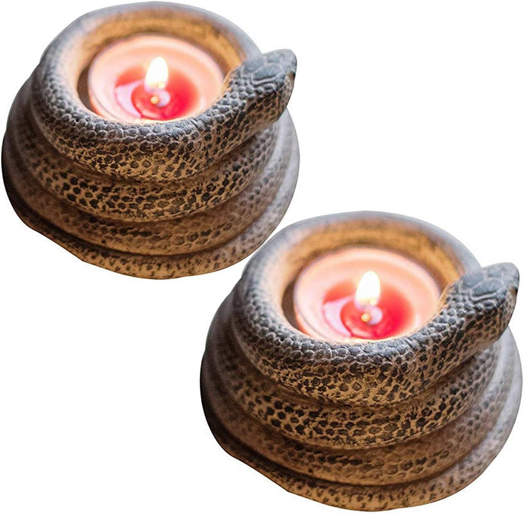 Skiennix Coiled Snake Candlestick Holder - Resin Tealight Candleholder | Serpent Sculpture Decor (2 Pcs)