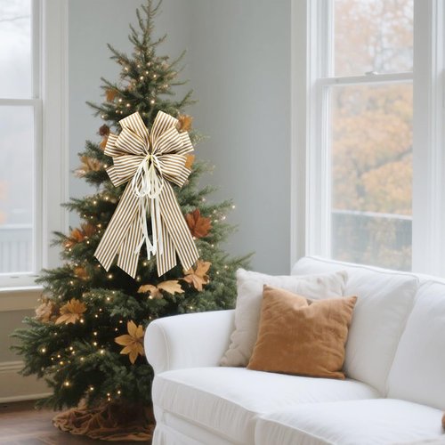 Craflox Christmas Netural Striped Wreath Bows, 2Pcs Farmhouse Beige Striped Burlap Bows Tree Ornaments Decor, Hanging Ornament Bow for Wedding, Holiday and Party Decor