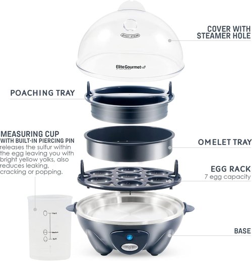Elite Gourmet Electric Egg Cooker - 7 Egg Capacity for Soft, Medium, Hard-Boiled & Omelets | BPA Free