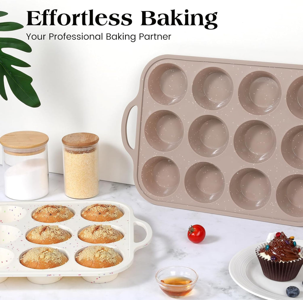Vinino Silicone Muffin Pans - 2-Pack Nonstick Baking Molds with Metal Reinforced Frame | 12 Cups, BPA Free