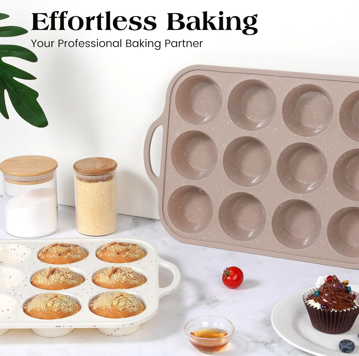 Vinino Silicone Muffin Pans - 2-Pack Nonstick Baking Molds with Metal Reinforced Frame | 12 Cups, BPA Free