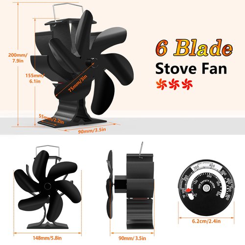 HIDALIFE Wood Stove Fan for Heater, Heat Powered Fireplace 6 Blades Fan with Bracket Compatible for Heater,Thermal Tent Heater Fan for Camping Propane Heater with Magnetic Thermometer