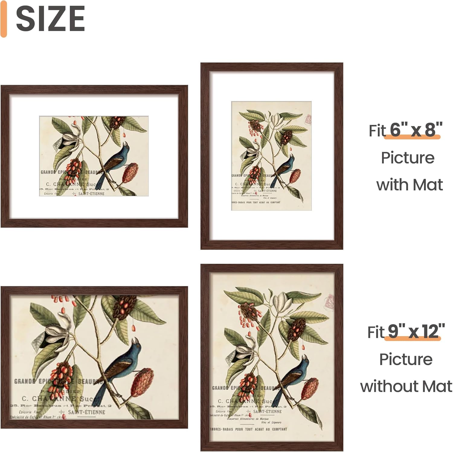 Upsimples 9x12 Picture Frame - Versatile Display for 6x8 Photos with Mat or 9x12 Without - Brown, 1 Pack